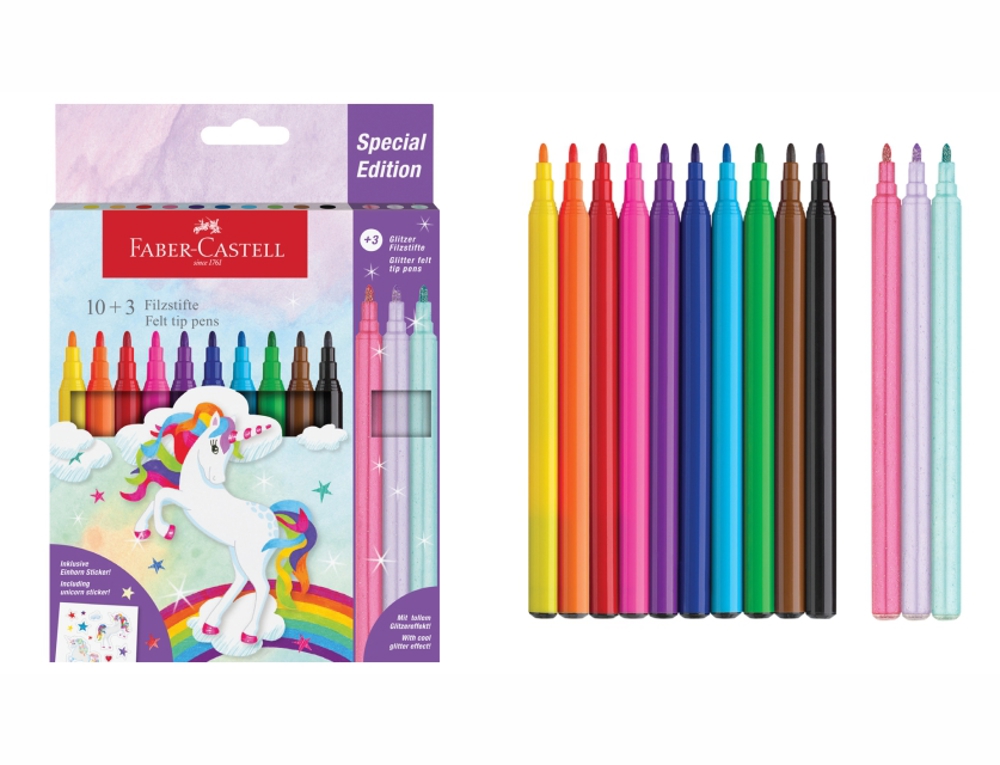 Faber-Castell Unicorn Keçeli Kalem Seti - 13'lü Özel Seri - Parıltılı ve Çıkartmalı