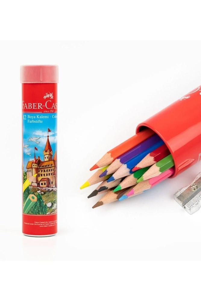 Faber Castell Kuru Boya Kalemi, Kırmızı Metal Tüp Kutu, 12 Renk, Tam Boy